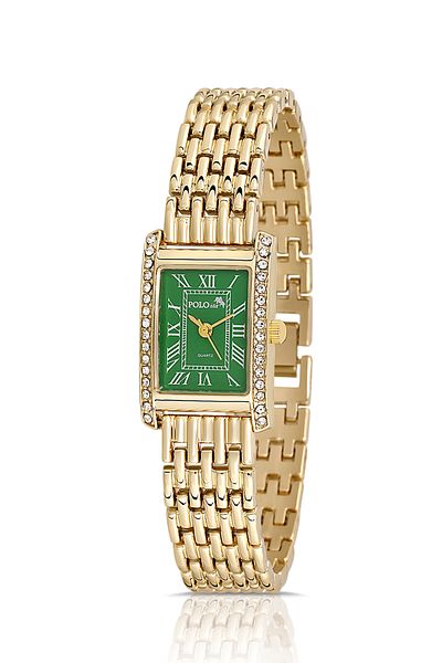 Polo Air Gold Green Vintage Women's Wristwatch - Roman Numeral and Jewelled Pl-1501B3X