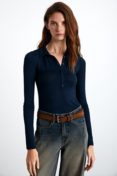 GRIMELANGE SAYDA Γυναικεία μπλούζα με μείγμα βισκόζης Polo Neck Slim Fit Navy Blue
