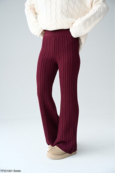 Lupies Kadın Bordo Saç Örgülü İspanyol Paça Triko Pantolon