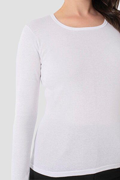 Arma Yıldız 2 Pcs Women's White T-Shirt Crew Neck Long Sleeve Undershirt Badi 100% Cotton Rib