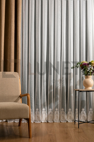 LUNETT HOME EKRU RENK DANTELLERİ BEJ SOFİA DESEN SIK PİLELİ 1X3  TÜL PERDE