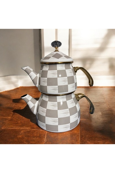 GUNES ZUCCACIYE Mien Gri Damalı Dekor  Emaye  Çaydanlık Takımı