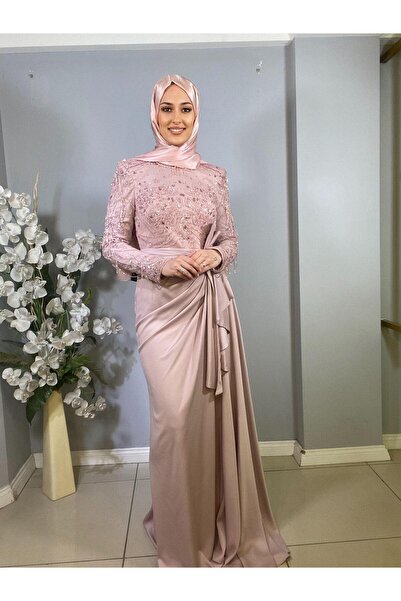 Katre Kenzel İşlemeli Uzun Kollu Tesettür Abiye Elbise