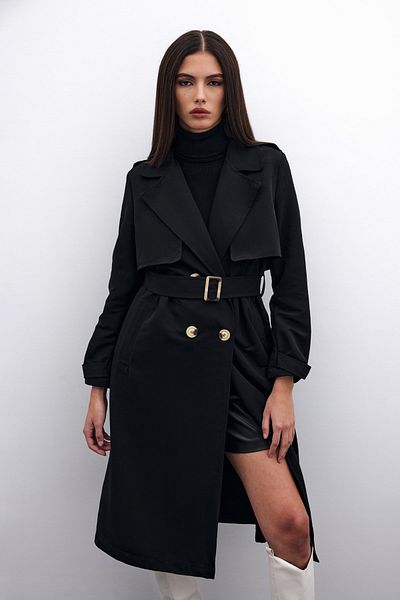 Sateen Black Long Belted Trench Coat