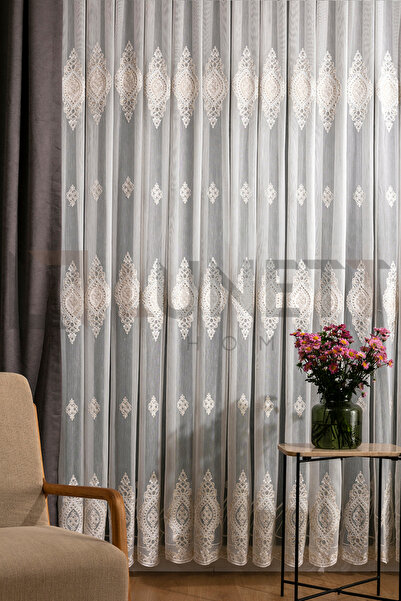 LUNETT HOME EKRU RENK DANTELLERİ BEJ LOTUS DESEN SIK PİLELİ 1X3  TÜL PERDE