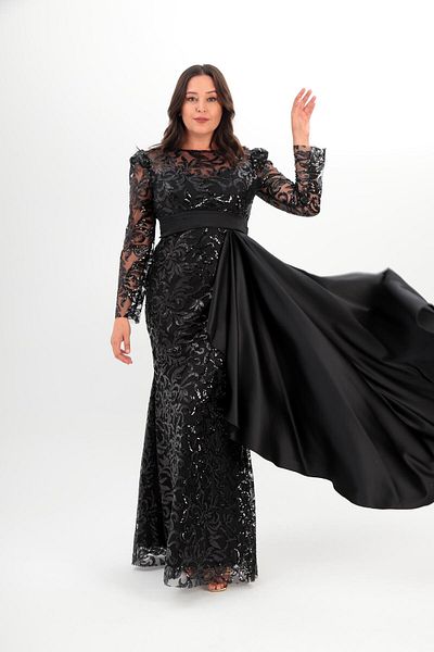 Aperla Crew Neck Sequin Sequin Embroidered Long Sleeve Stylish Long Evening Dress