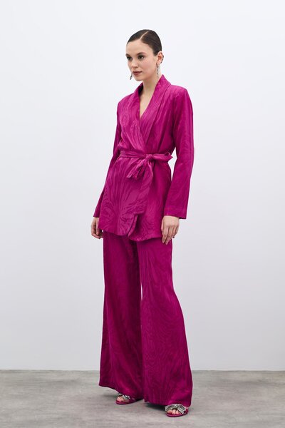 Sateen High Waist Patterned Trousers - Fuchsia