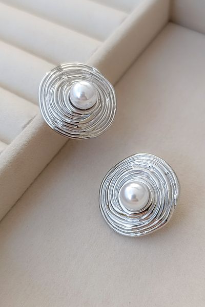 COSİTA Silver Organic Form Coiled Pearl Detail Modern Steel Earrings