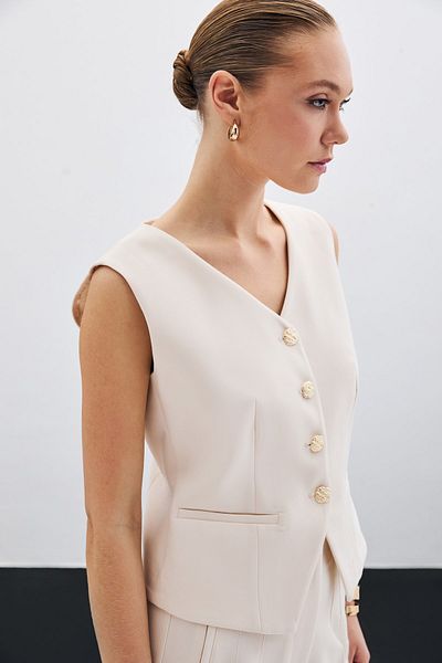 Sateen Beige Buttoned Short Vest
