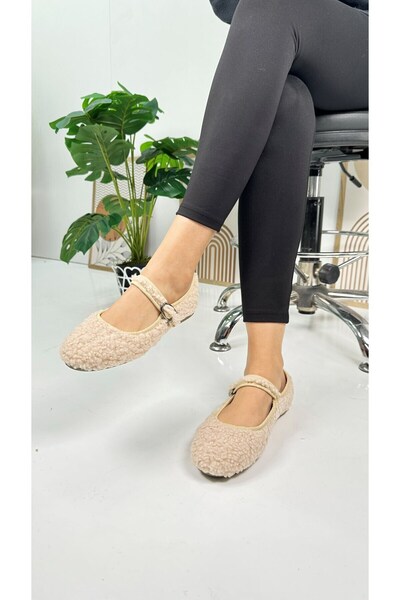 Nstil Beige Women's Shoes - Buckle, Low Heel, Serrated Plush Sole, Oval Toe 377