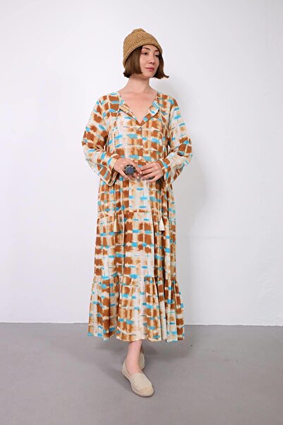Şaman Butik Krem Rengi Desenli Salaş Elbise