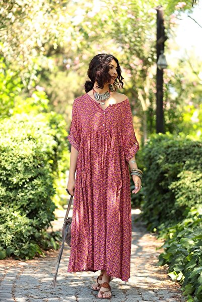 Şaman Butik Pembe Çiçekli Önü Düğmeli Elbise