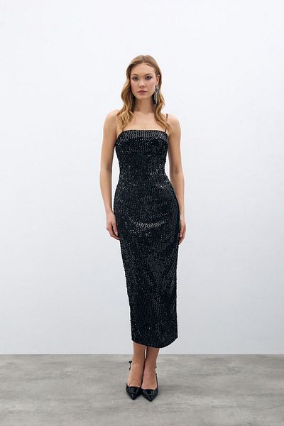 Sateen Velvet Sequined Long Dress - Black