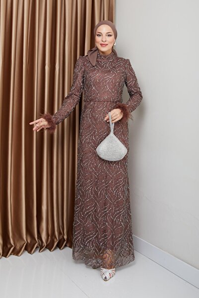 Olcay Večerní šaty hidžáb s detailním třpytem z peří 1227-Y