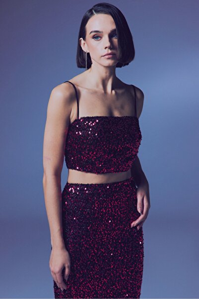 Sateen İp Askılı Payet Crop - Bordo