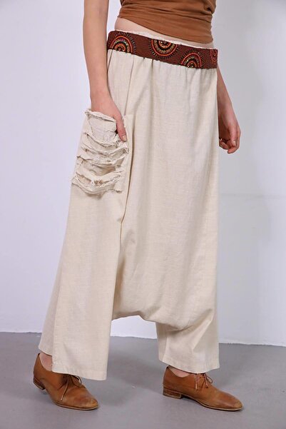 Şaman Butik Krem Rengi Cebi Yırtık Detaylı Keten Şalvar