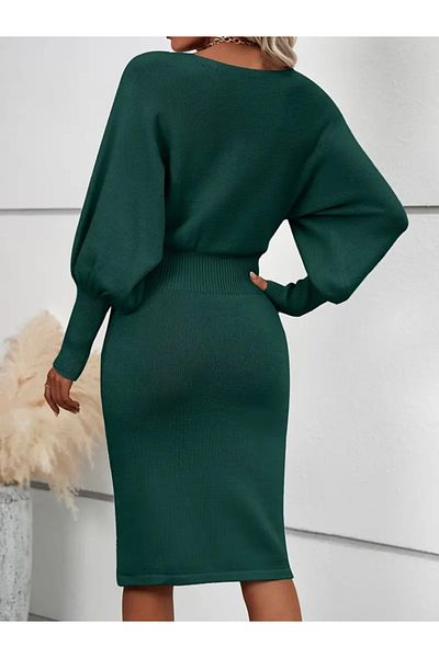 civetta Gelirr Women's Long Bat Sleeve Open Collar Waist Short Knitwear Dress