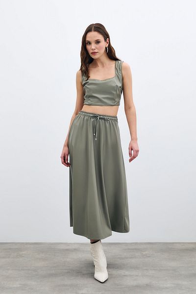Sateen Elastic Waist Leather Skirt - Green