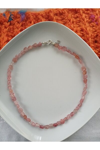 Mudita Tasarım Amorf kesim Çilek kuvars gerçek doğal taş kolye