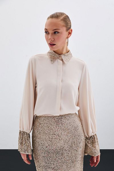 Sateen Sequin Detailed Shirt - Beige