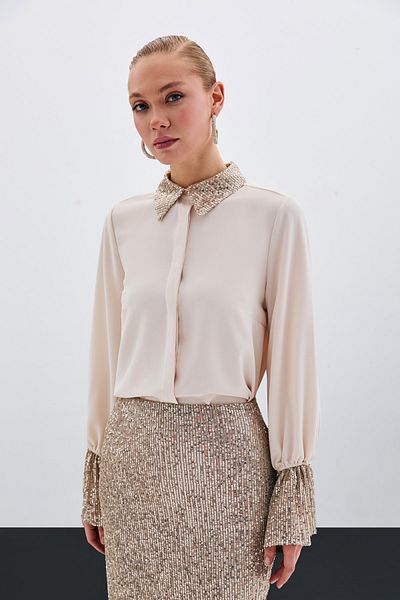 Sateen Sequin Detailed Shirt - Beige