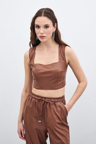 Sateen Square Collar Leather Crop - Brown