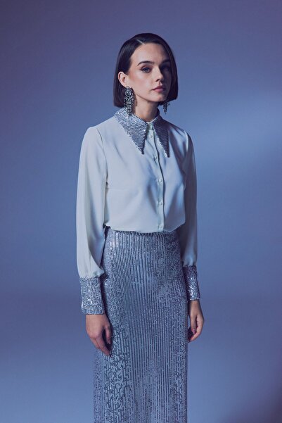 Sateen Payet Detaylı Gömlek - Ekru-Gümüş