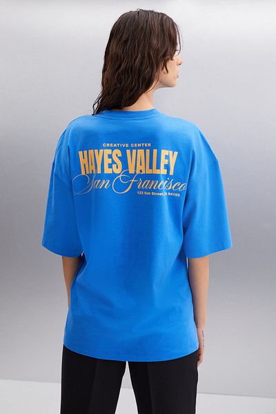 GRIMELANGE Gillian Women's - Parliament Blue Oversize T-Shirt with Front and Back Print Detail, 100% Organic Cotton