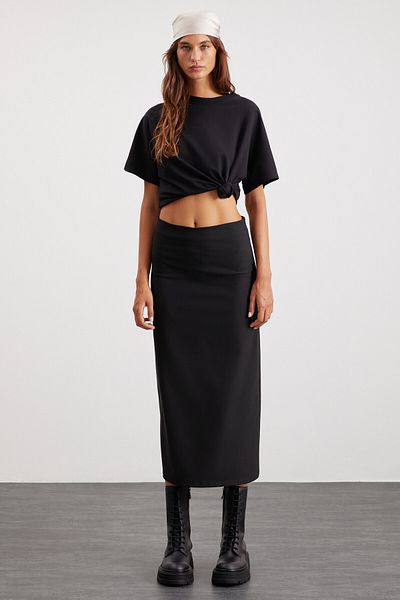 GRIMELANGE Isla Women's Woven Fabric Back Deep Slit Maxi Length Normal Waist Black Skirt