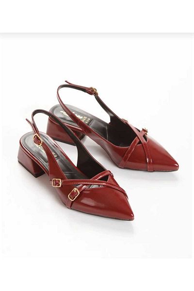 cimili Pantofi de balerină cu toc scurt „moda Rendi” pentru femei, din piele lacuită, cu bretele încrucișate
