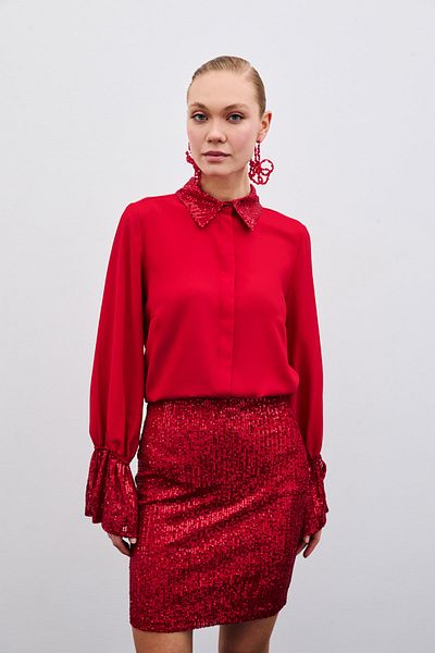 Sateen Sequin Detailed Shirt - Red
