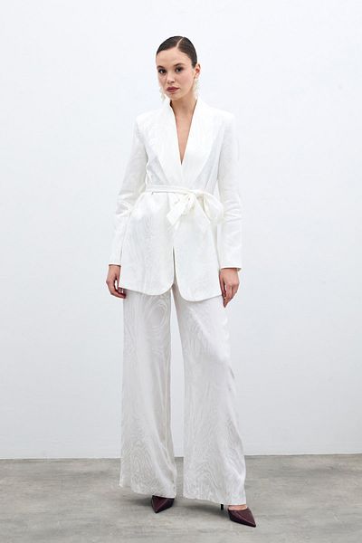 Sateen High Waist Patterned Trousers - Ecru