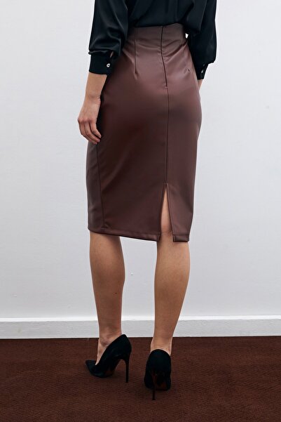 Sateen Кафява кожена пола-молив