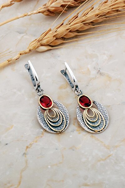 Sümer Telkari Kök Yakut Taşlı Halkalı Çekiç Dövme Elişi Gümüş Küpe 7236