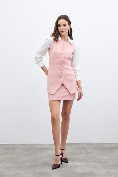 Sateen Buttoned Tweed Vest - Powder