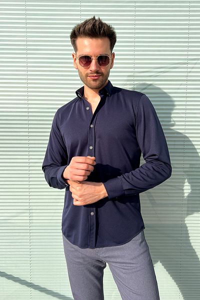 ModaPlaza Мъжка плетена риза с дълъг ръкав Slimfit