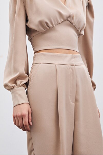 Sateen Pileli Saten Krep Pantolon - Bej