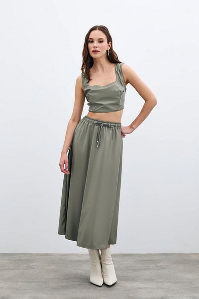 Sateen Elastic Waist Leather Skirt - Green