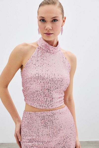 Sateen Sleeveless Sequined Blouse - Powder