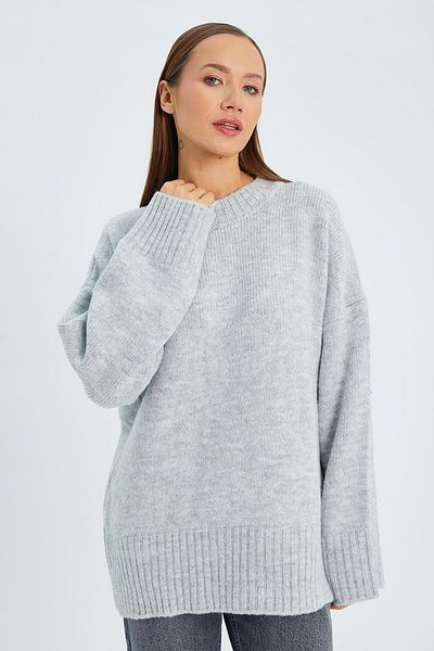 Mixray 6925 Gray Soft Textured Women's Wide Sleeve Knitwear Sweater