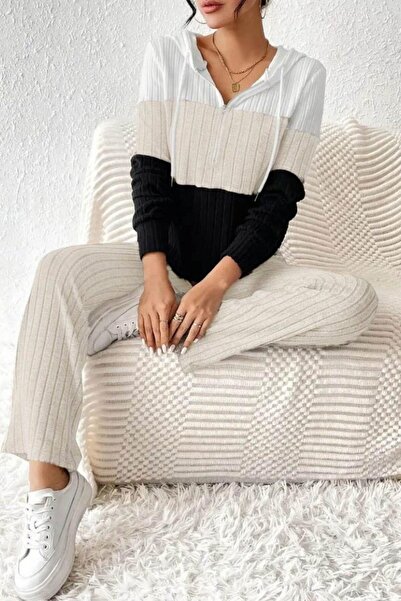 Mossta Beige Hooded Block Patterned Camisole Set