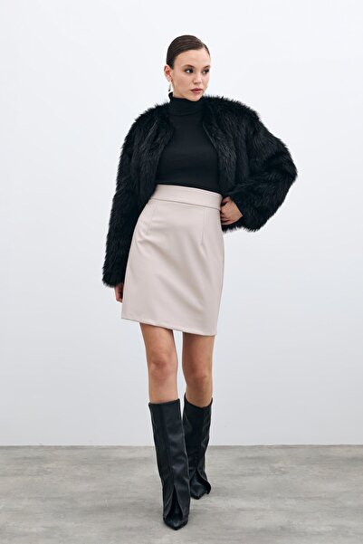 Sateen Raised Leather Skirt - Stone
