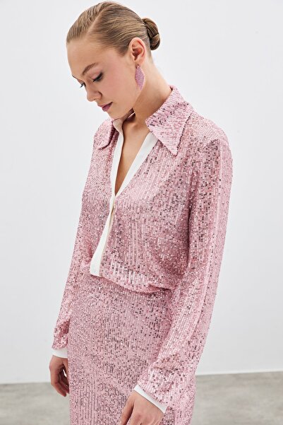 Sateen Salaş Payet Gömlek - Pudra