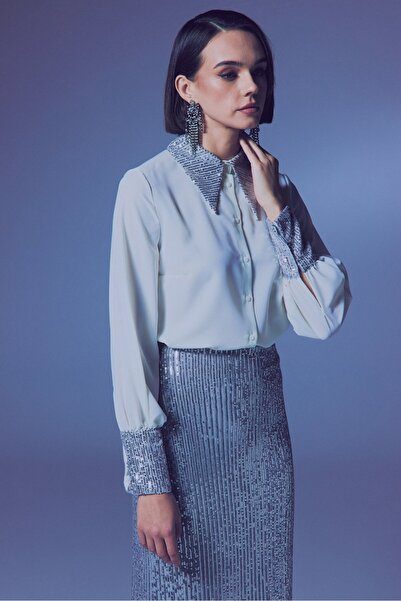 Sateen Payet Detaylı Gömlek - Ekru-Gümüş