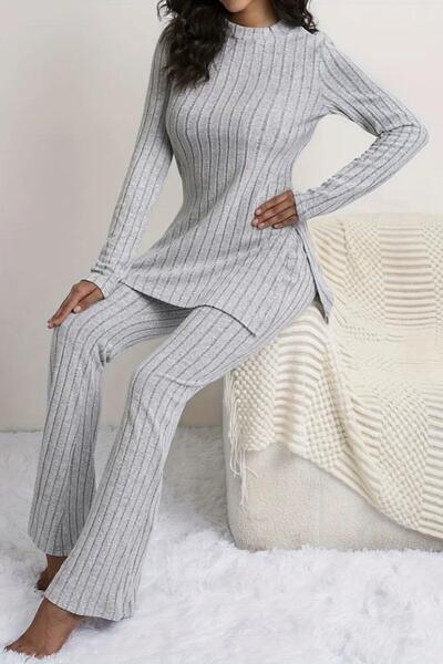Mossta Gray Long Sleeve Slit Camisole Double Set