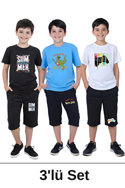 FYK COLLECTİON Комплект от 3 части за момче с къс ръкав, два джоба и горнище с принт на динозавърски рок-сум-геймър