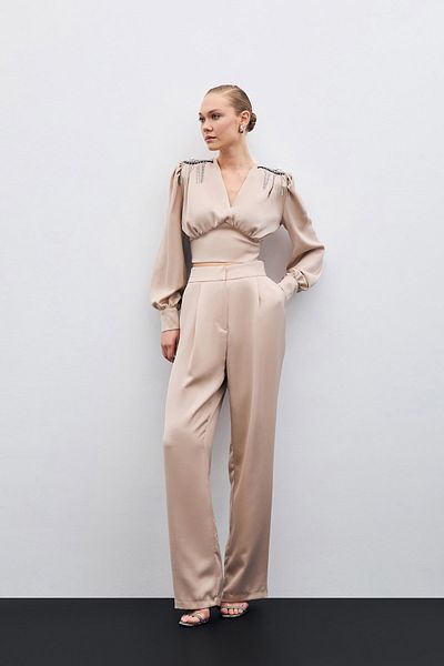 Sateen Pantaloni din crep din satin plisat bej