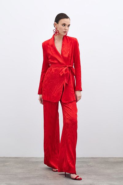 Sateen High Waist Patterned Trousers - Red