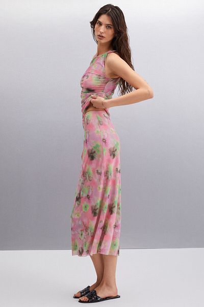GRIMELANGE Jaxie Women's Slim Fit Water Patterned Tulle Lined Pink Skirt