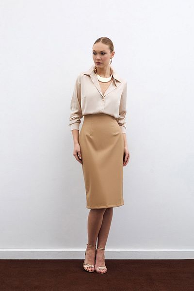 Sateen Leather Pencil Skirt - Beige